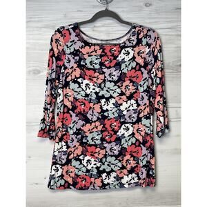 TravelSmith Womens Small Floral 3/4 Sleeve Stretch Tunic Top Blouse 31350 Navy